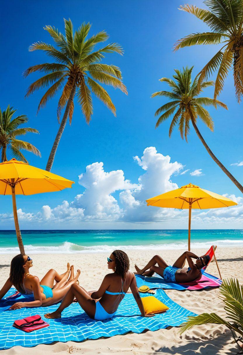 A vibrant beach scene featuring diverse people in stylish two-piece swimsuits, enjoying the sun, playing beach volleyball, and relaxing on colorful beach towels. The ocean waves gently lap at the shore with a bright blue sky overhead, adorned with a hint of fluffy white clouds. Include tropical palm trees in the background and beach accessories like sunglasses and surfboards to enhance the trendy atmosphere. The image should evoke a sense of fun, freedom, and adventure. super-realistic. vibrant colors. sunny atmosphere.