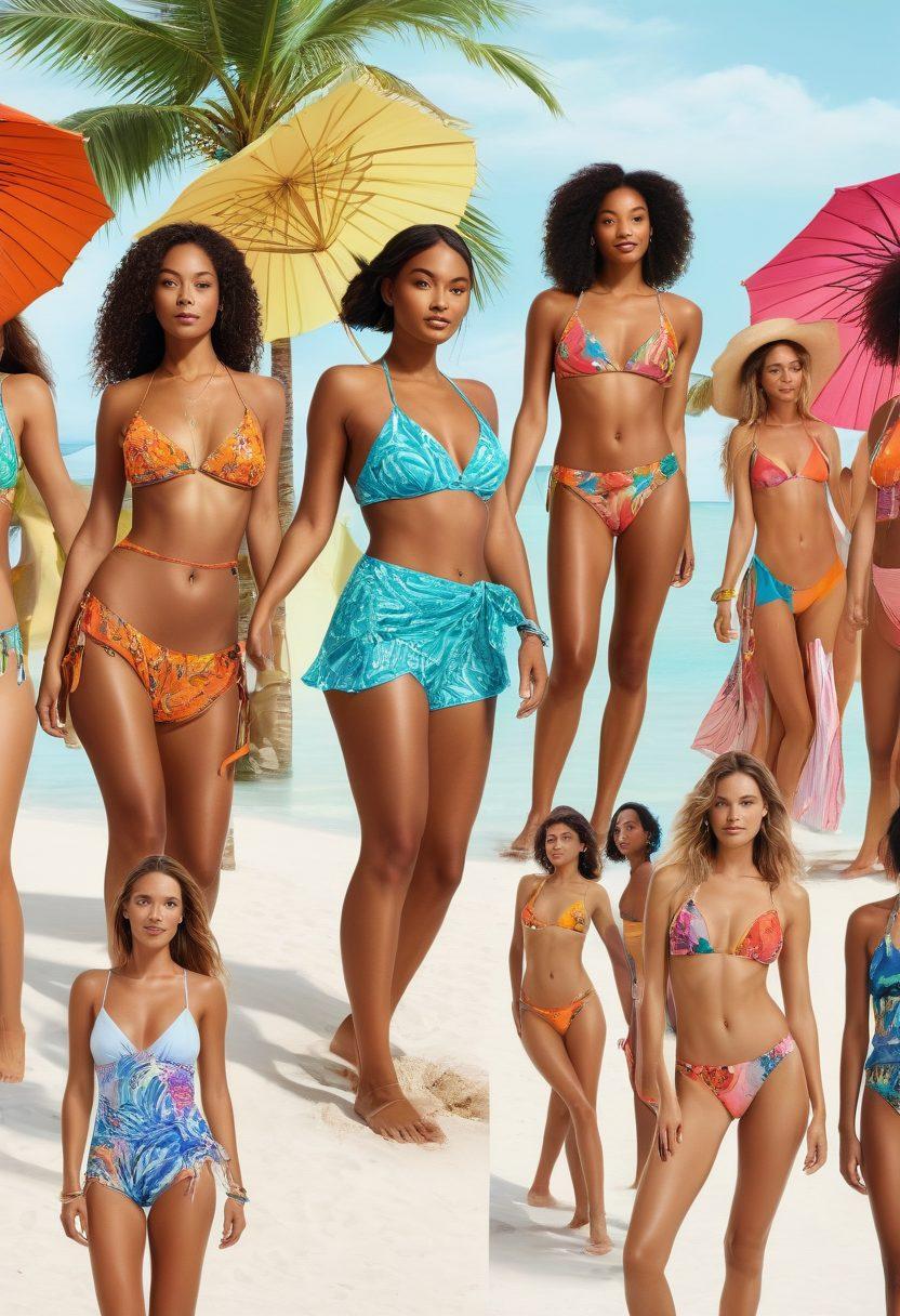 A vibrant collage showcasing diverse women's swimwear styles, featuring activewear designs on one side transitioning into bohemian chic styles on the other. Include lively beach scenes with women of different ethnicities confidently wearing each style, surrounded by summer motifs like palm trees and bright umbrellas. The color palette should be bright and cheerful, highlighting the versatility of swimwear in various settings. super-realistic. vibrant colors. white background.
