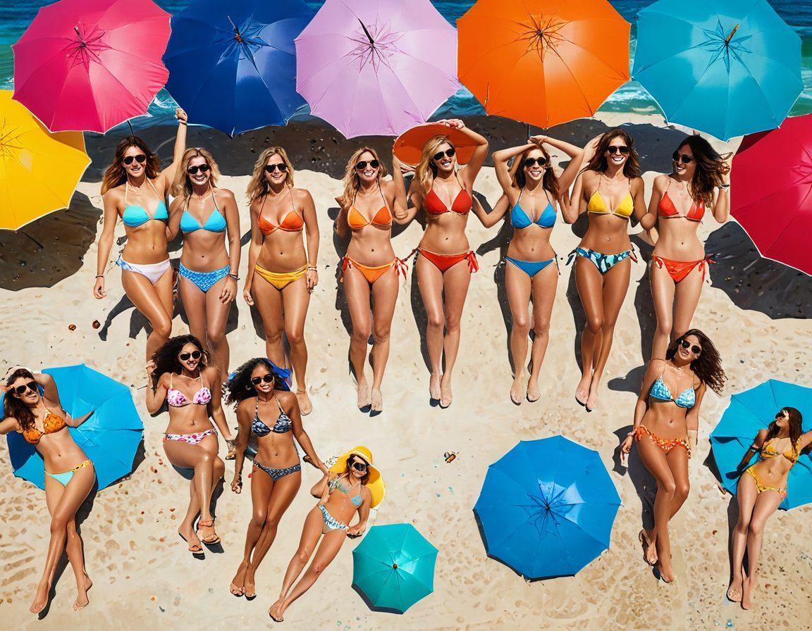 A vibrant beach scene showcasing a diverse group of women wearing trendy bikinis in various styles and colors, enjoying the sun and surf. Include elements like oversized beach umbrellas, flip-flops, and a bright blue ocean in the background. The atmosphere should exude fun and relaxation, capturing the essence of summer adventures. super-realistic. vibrant colors. sunny backdrop.